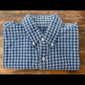 Ralph Lauren Plaid Short Sleeve Button Up Shirt Blue White Large